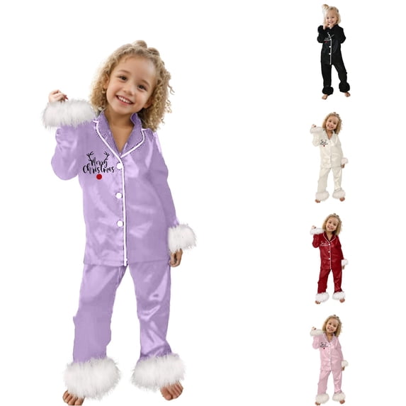 QTSHPN Christmas Pajamas Cute Print Casual Comfort Pajamas Set Long Sleeve Shirt Trousers Two Sets for Children Girls Pajamas