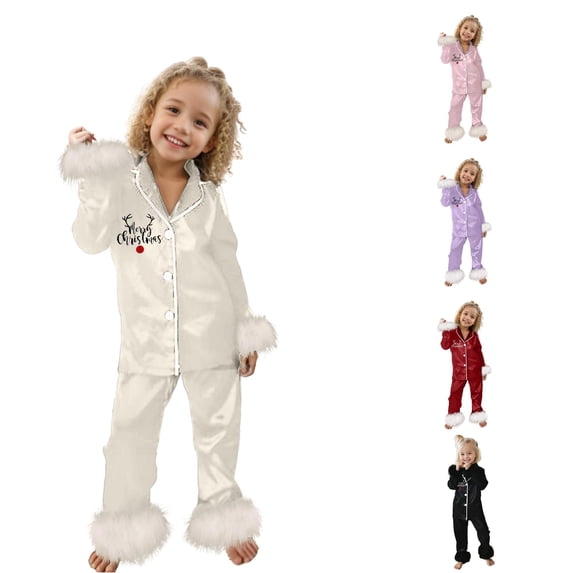 QTSHPN Christmas Pajamas Cute Print Casual Comfort Pajamas Set Long Sleeve Shirt Trousers Two Sets for Children Girls Pajamas