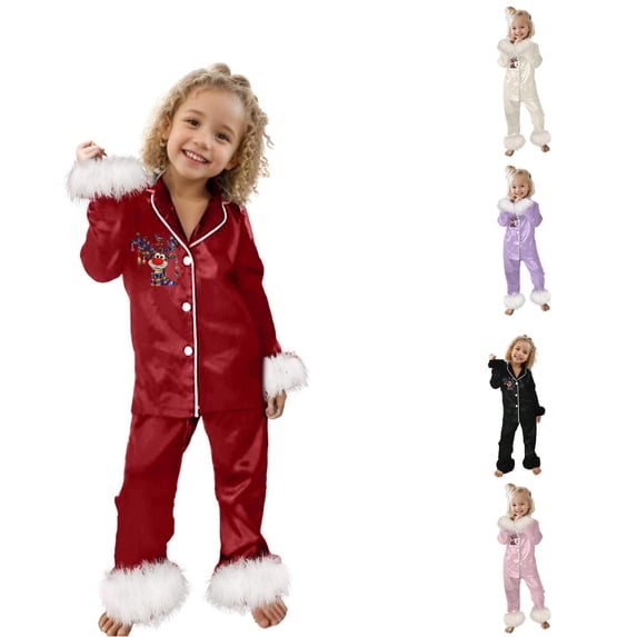QTSHPN Christmas Pajamas Cute Print Casual Comfort Pajamas Set Long Sleeve Shirt Trousers Two Sets for Children Kids Pajamas