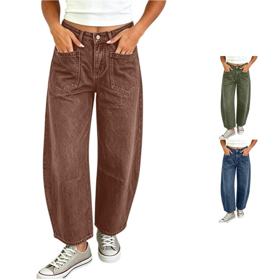 QTSHPN Denim Pants for Women Street Style Loose Fit Jeans Everyday Comfort Long Trousers Womens Pants Brown L