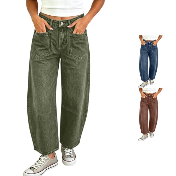 QTSHPN Denim Pants for Women Street Style Loose Fit Jeans Everyday Comfort Long Trousers Womens Pants Green L