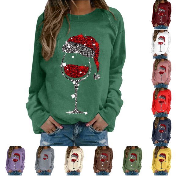 QTSHPN Fall Crewneck Sweatshirt Merry Christmas Print Round Neck Fit Pullover Long Sleeve Loose Blouse Women's Sweatshirt Dark Green M