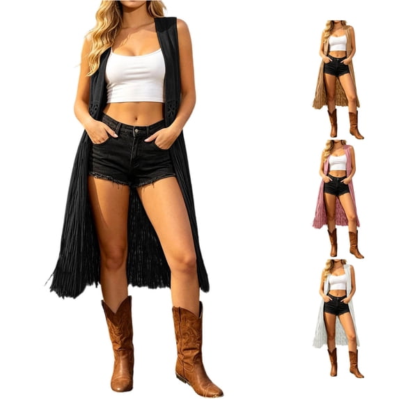 QTSHPN Fall Jackets For Women Fringe Vest Sleeveless Western Style Casual Outerwear Womens Jacket Black S