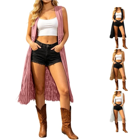 QTSHPN Fall Jackets For Women Fringe Vest Sleeveless Western Style Casual Outerwear Womens Jacket Pink XXL