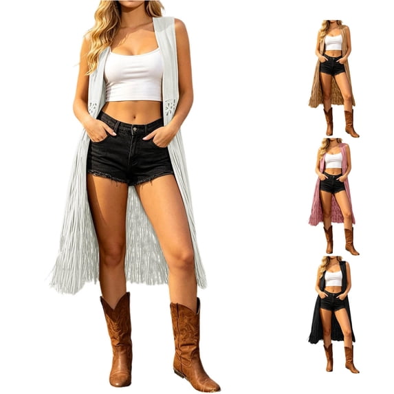 QTSHPN Fall Jackets For Women Fringe Vest Sleeveless Western Style Casual Outerwear Womens Jacket White XL