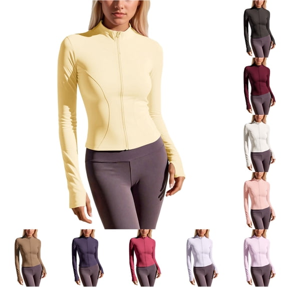 QTSHPN Fall Jackets For Women Stretchy Breathable Zip up Hoodie Slim Fit Long Sleeve Athletic Running Yoga Outerwear Women Jacket Light Yellow XXL