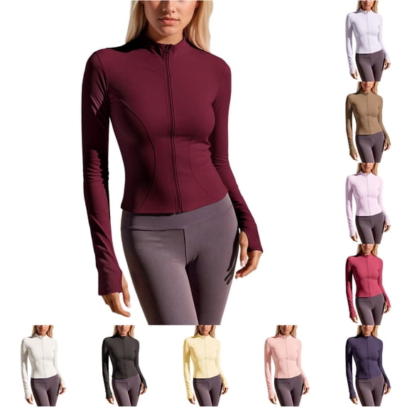 QTSHPN Fall Jackets For Women Stretchy Breathable Zip up Hoodie Slim Fit Long Sleeve Athletic Running Yoga Outerwear Women Jacket Wine L