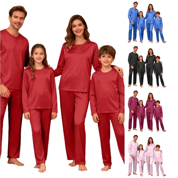 QTSHPN Family Matching Christmas Pajamas Set Satin Silk O Neck Button Pajama Pants Two Piece Long Sleeve Nightwear Dad Style men pajamas