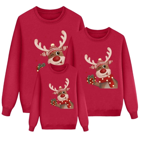 QTSHPN Family Matching Outfits Christmas Long Sleeve Cute Deer Print Hoodless Pullover Sweatshirt Blouse Soft Cozy Sweatshirt