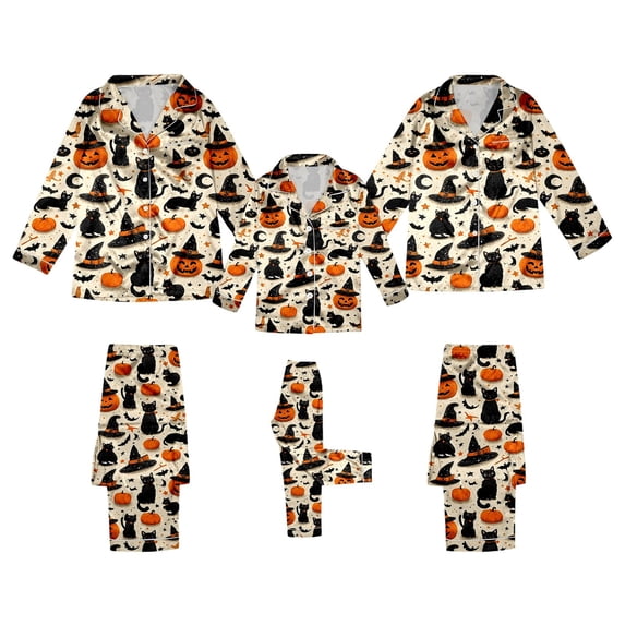 QTSHPN Family Matching Outfits Halloween Long Sleeve Silk Like Sleepwear Comfortable Loungewear Party Outfit for Parents and Kids Halloween Pajamas
