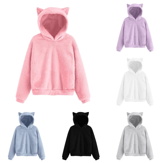 QTSHPN Girls Hoodie Cat Ears Fuzzy Warm Pullover Sweatshirt Fashion Casual Loose Sweater with Pockets Sweatshirt Kids