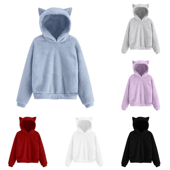 QTSHPN Girls Hoodie Cat Ears Fuzzy Warm Pullover Sweatshirt Fashion Casual Loose Sweater with Pockets Sweatshirt Kids
