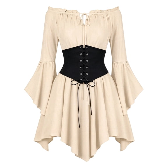 QTSHPN Halloween Casual Island Style off Shoulder Ruffle Tie Straps Playful Beachwear Midi Skirt Girls Dress