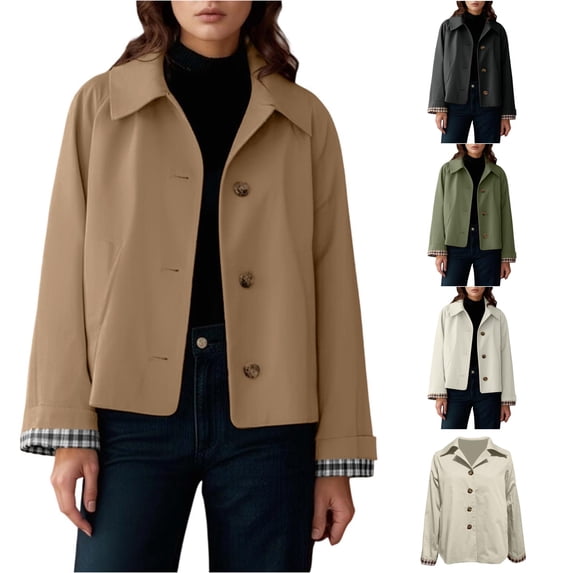 QTSHPN Lightweight Jacket Women Short Button Down Lapel Stylish Outerwear Coat Fall Fashion Comfortable Long Sleeve Jackets for Women Deep Khaki S