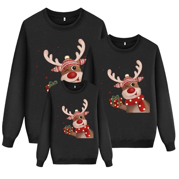 QTSHPN Matching Family Christmas Sweatshirts Christmas Long Sleeve Deer Plaid Print Hoodless Pullover Blouse Cozy Casual Sweatshirts