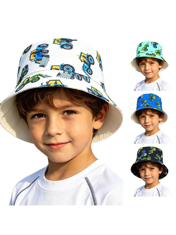 Seasonal Cartoon Excavator Printing Kids Sun Hat for Boys and Girls Reversible Beach Cap with Lightweight Breathable All Season Hat