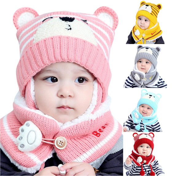 QTSHPN Warm Winter Hat Kids Baby Boy Girl Winter Hat Toddler Bear Ear Cap Hat with Scarf Lined Knitted Cap Neck Warmer Kids Winter Hat Warm