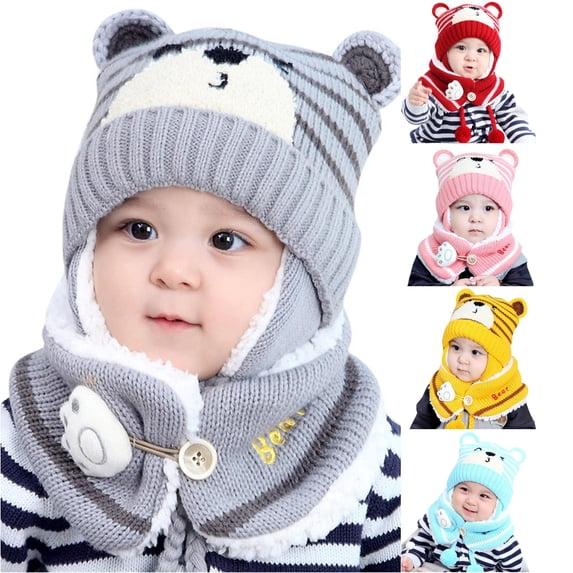 QTSHPN Warm Winter Hat Kids Baby Boy Girl Winter Hat Toddler Bear Ear Cap Hat with Scarf Lined Knitted Cap Neck Warmer Kids Winter Hat Warm