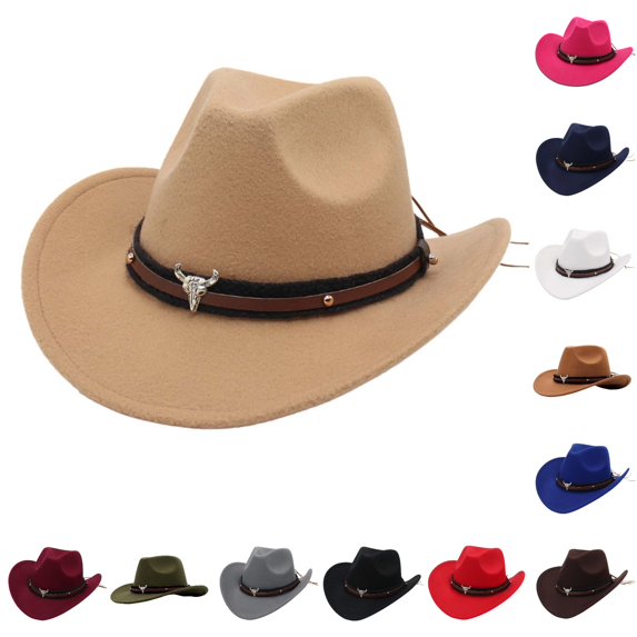 QTSHPN Western Cowboy Hat for Women Jazz Bowler Hat Cow Head Decoration Ethnic Style Wide Brim Caps for Women Beige M