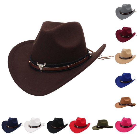 QTSHPN Western Cowboy Hat for Women Jazz Bowler Hat Cow Head Decoration Ethnic Style Wide Brim Caps for Women Coffee S