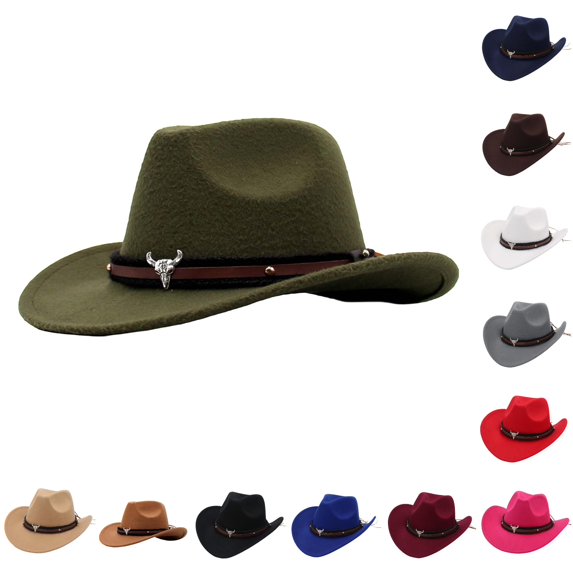 QTSHPN Western Cowboy Hat for Women Jazz Bowler Hat Cow Head Decoration Ethnic Style Wide Brim Caps for Women Green S