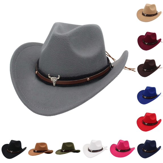 QTSHPN Western Cowboy Hat for Women Jazz Bowler Hat Cow Head Decoration Ethnic Style Wide Brim Caps for Women Grey M