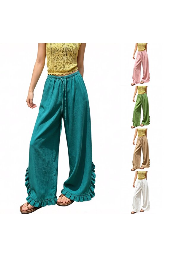 Wide Pants for Women Effortless High Waist Wide Leg with Soft Draping Ruffle Casual Everyday Fashion Trousers Summer Pants for Women Mint Green L