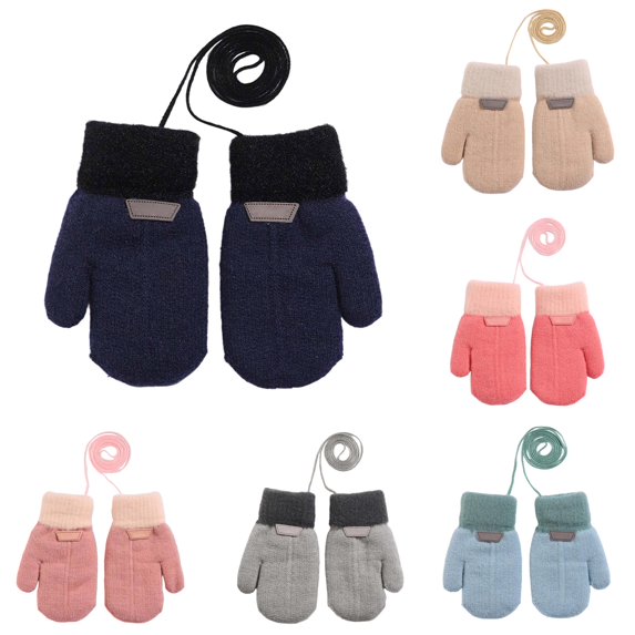 QTSHPN Winters Warm Gloves Kids Winter Mittens Detachable Lanyard Double Layer Thermal Knitted Hand Warmers Boys Girls Fashion Mittens for Women Navy 3