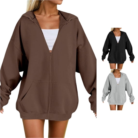 QTSHPN Women's Full Zip up Hoodie Casual Pullover Sweatshirt Fall Winter Comfortable Soft Warm Outerwear with Hood Daily Wear Long Sleeve Womens Sweatshirt Coffee_001 XXXXXL