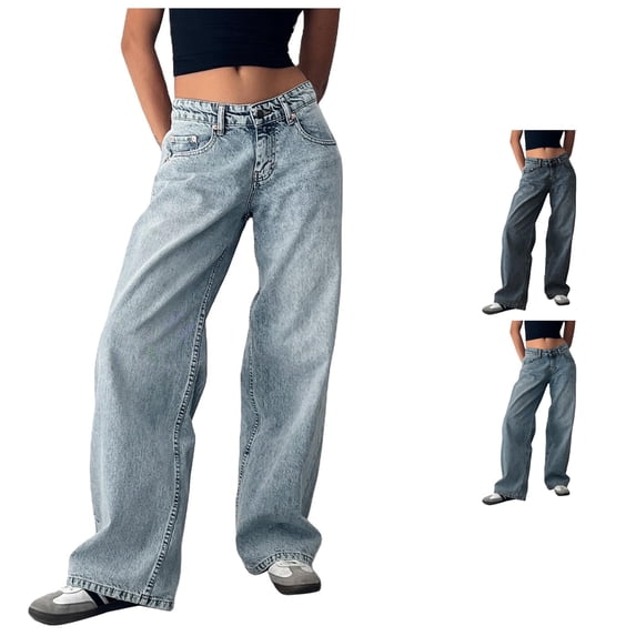 QTSHPN Women's Pants Low Rise Baggy Loose Fit Boyfriend Straight Wide Leg Stretchy Long Denim Jeans Fashion Women Pants Blue XL