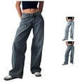 thumbnail image 1 of QTSHPN Women's Pants Low Rise Baggy Loose Fit Boyfriend Straight Wide Leg Stretchy Long Denim Jeans Fashion Women Pants Dark Blue XXL, 1 of 6