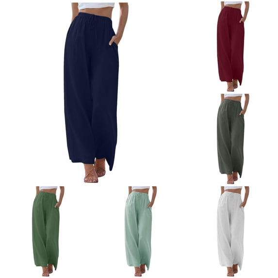 QTSHPN Women's Wide Leg Pants High Waisted Fashion Drawstring Elastic Long Trousers Comfy Straight Leg with Pockets Casual Women Pants Navy XL