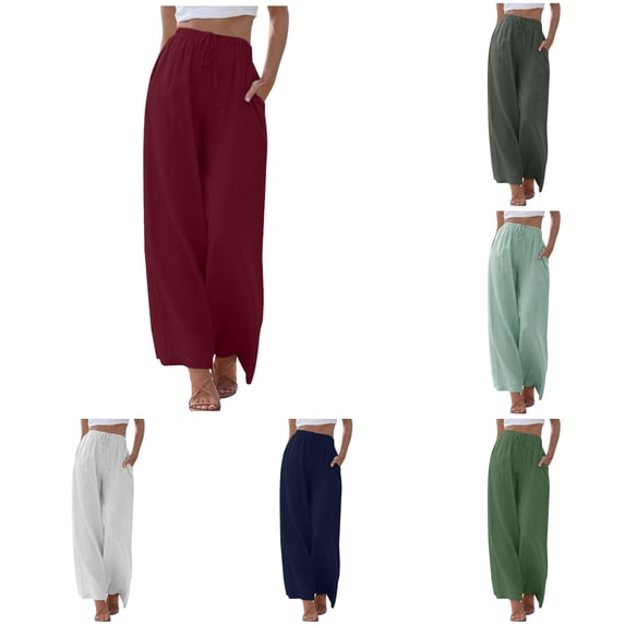 QTSHPN Women's Wide Leg Pants High Waisted Fashion Drawstring Elastic Long Trousers Comfy Straight Leg with Pockets Casual Women Pants Red XL