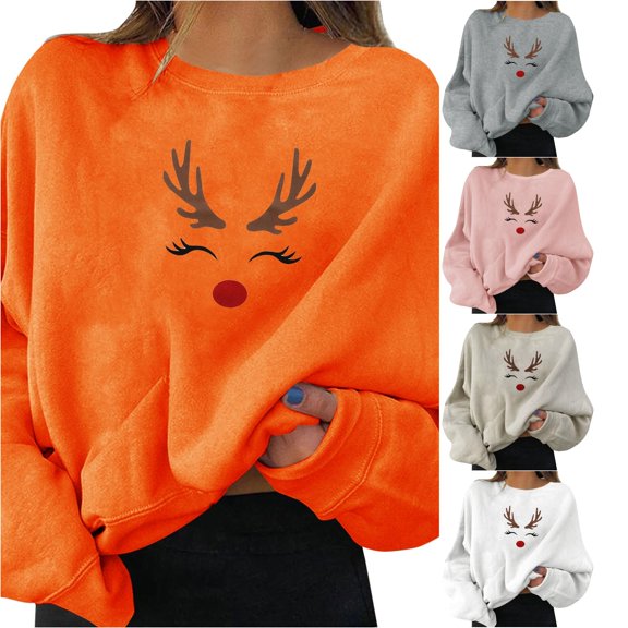 QTSHPN Womens Crewneck Sweatshirt Christmas Holiday Party Graphic Print Long Sleeve Pullover Crew Neck Top Fall Sweatshirts for Women Orange_002 S