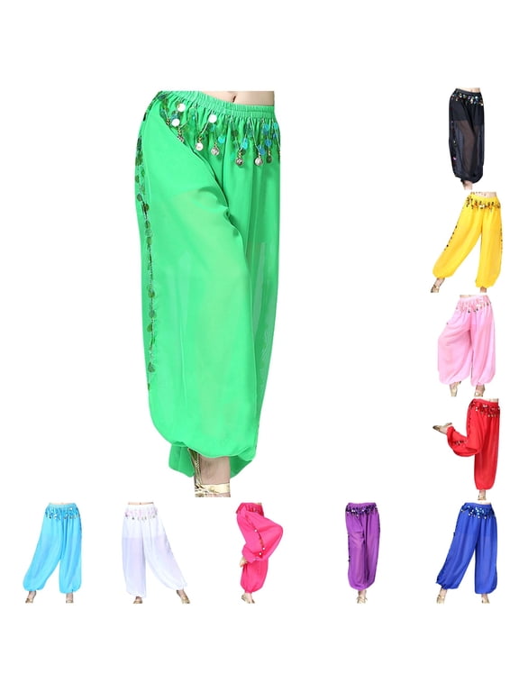 Womens Wide Leg Pants Stylish Carnival Belly Dance Chiffon Split Sequined Wide Leg Long Trousers Women Pants Green One Size