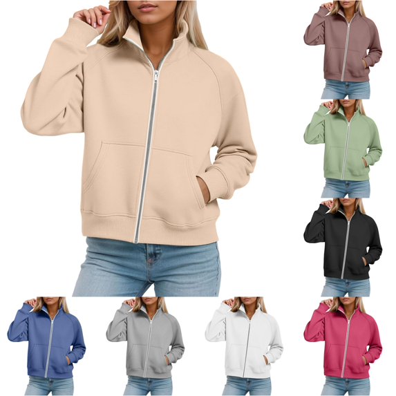 QTSHPN Zip up Sweatshirt Women Collared Long Sleeve Oversized Crewneck Jacket Style Pullover with Full Zipper for Fall Fashion Outfits Women's Sweatshirts Yellow XL