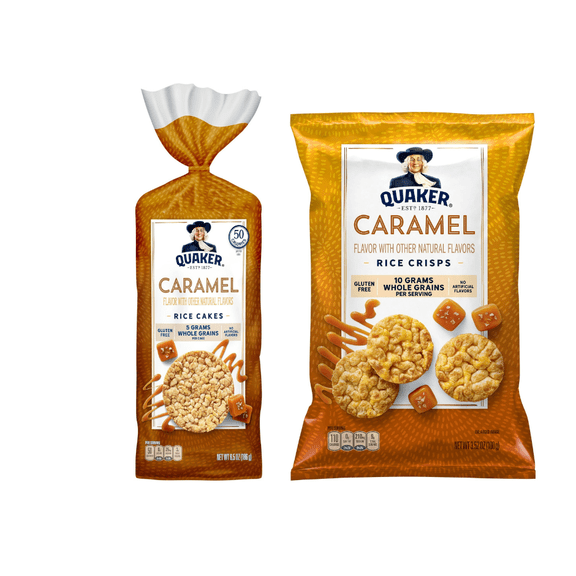 QUAKER Caramel Rice Cake 6.05 oz & QUAKER Caramel  Rice Crisps 3.52 oz..