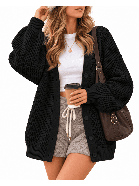 100% Cotton Cardigan Sweaters for Women, V Neck Button Down Chunky Knit Cozy Relaxed Fit Sweater Cardigan