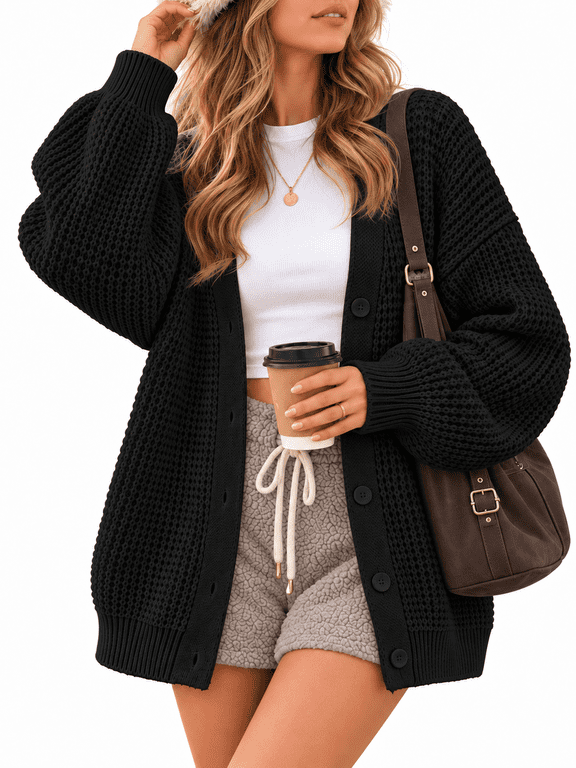 100% Cotton Cardigan Sweaters for Women, V Neck Button Down Chunky Knit Cozy Relaxed Fit Sweater Cardigan