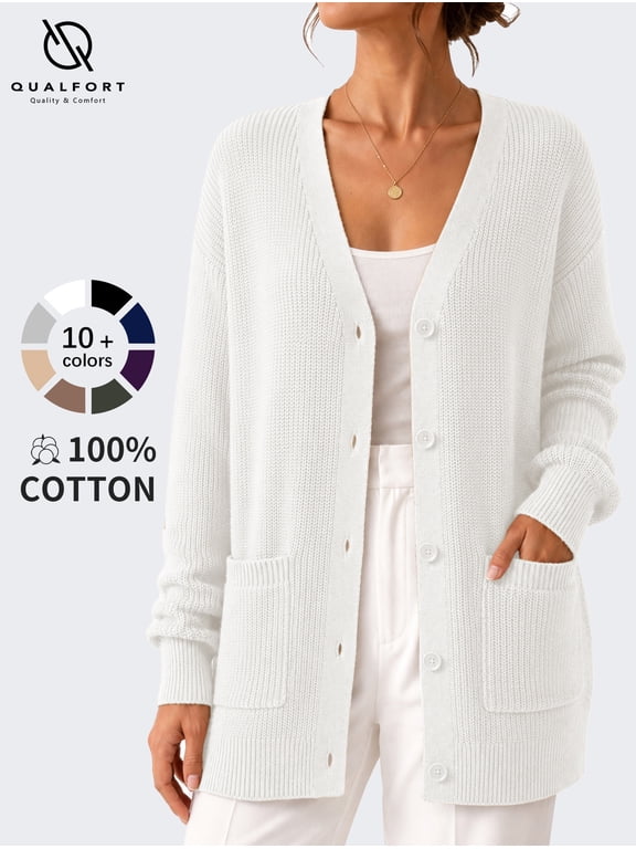 Cardigan Sweaters for Women, 100% Cotton V Neck Cardigan, Button Front Knit Sweater with Pockets, Long Sleeve Relaxed Fit, Off White XL