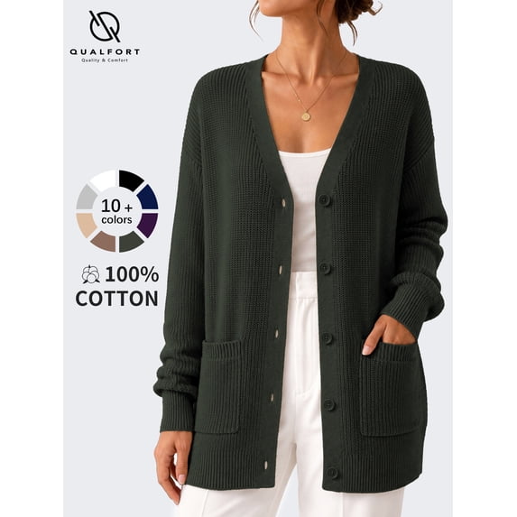 QUALFORT Cardigan Sweaters for Women, 100% Cotton V Neck Cardigan, Button Front Knit Sweater with Pockets, Long Sleeve Relaxed Fit, Olive Green M