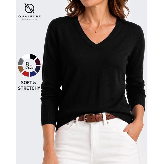 QUALFORT Sweaters for Women, Lightweight V Neck Long Sleeve Pullover Sweater, Soft Knit Women's Sweater Top, Black M
