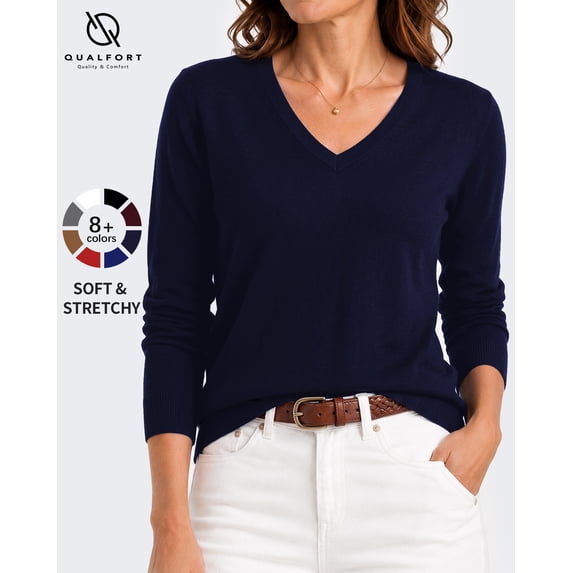 QUALFORT Sweaters for Women, Lightweight V Neck Long Sleeve Pullover Sweater, Soft Knit Women's Sweater Top, Navy XL