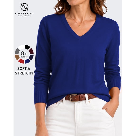 QUALFORT Sweaters for Women, Lightweight V Neck Long Sleeve Pullover Sweater, Soft Knit Women's Sweater Top, Royal Blue XL