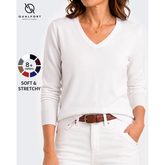 QUALFORT Sweaters for Women, Lightweight V Neck Long Sleeve Pullover Sweater, Soft Knit Women's Sweater Top, White L