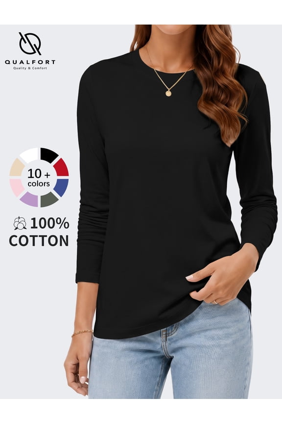 Women's Long Sleeve Shirts, 100% Cotton Crew Neck Long Sleeve T Shirt for Women, Soft Lightweight Casual Basic Cotton Top, Black XL