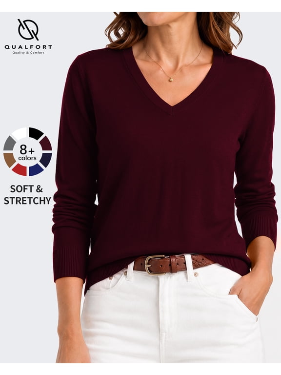 Sweaters for Women, Lightweight V Neck Long Sleeve Pullover Sweater, Soft Knit Women's Sweater Top, Burgundy XL