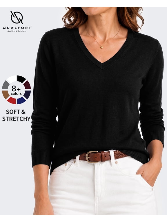 Sweaters for Women, Lightweight V Neck Long Sleeve Pullover Sweater, Soft Knit Women's Sweater Top, Black M