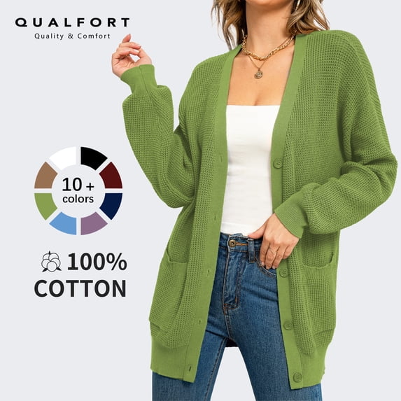 QUALFORT Women's 100% Cotton Cardigan Sweater, Oversized Long Sleeve Knit Button Front Cardigan with Pockets, Olive Green S