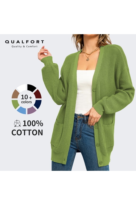 Women's 100% Cotton Cardigan Sweater, Oversized Long Sleeve Knit Button Front Cardigan with Pockets